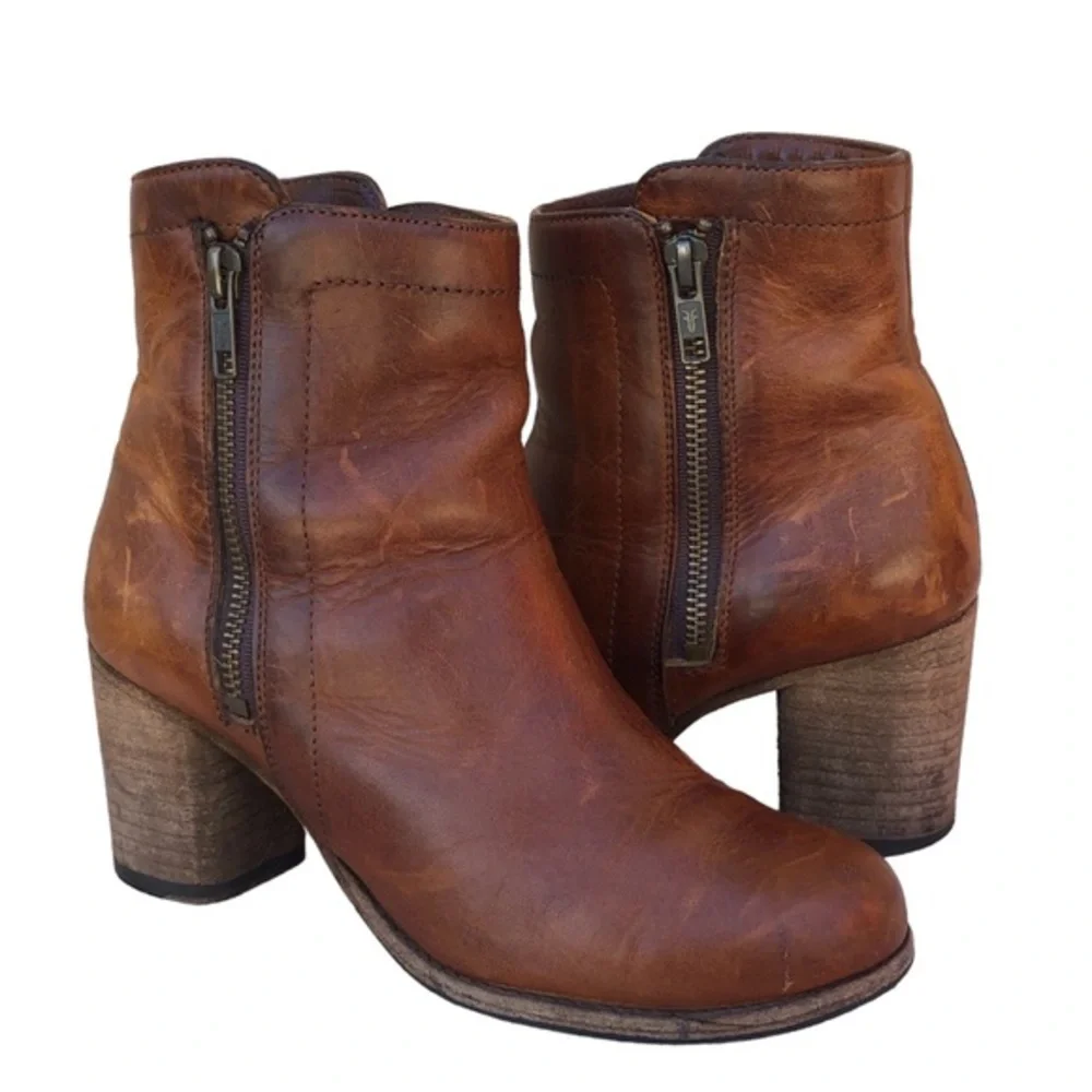 FRYE Addie Leather Versatile Dual-zip Ankle‎ Boots In Cognac 6 1/2